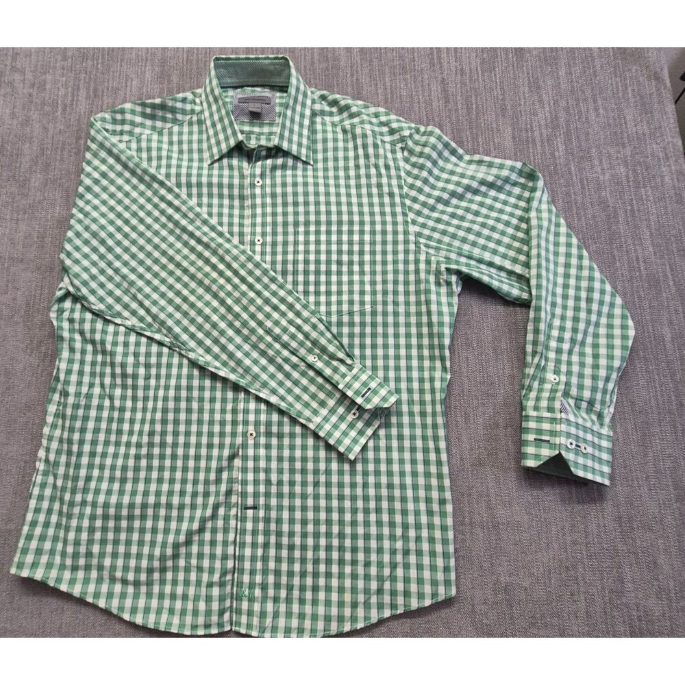 Johnston & Murphy Men LG Tailored Fit Green Gingham Plaid Button Up Shirt Cotton